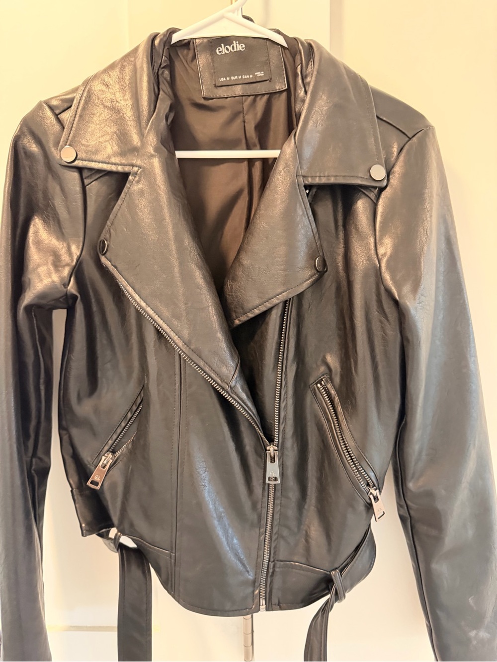 Elodie Black Faux Leather Moto Jacket with Belted Hem
